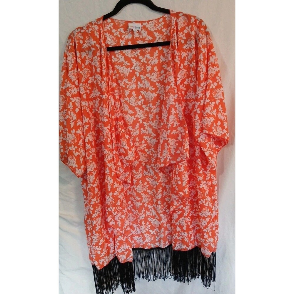 LuLaRoe Monroe Kimono With Fringe Open Waterfall Front - L- Orange/ White Floral